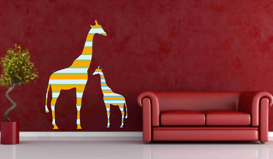 Mother And Baby Giraffe Fabric Wall Decals In Colorful Stripes